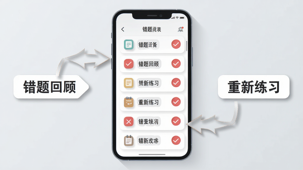 一张AI生成的信息图风格图片,画面展示一个手机屏幕,屏幕内呈现错题列表和红色的标记图标,手机周围有箭头指向“错题回顾”和“重新练习”的标签,背景为浅灰色,布局简洁,风格现代扁平,细节包含图标阴影和文字标签,画质清晰干净,无多余元素