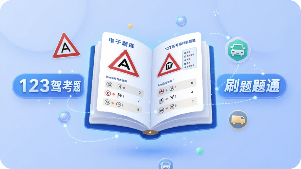 一幅AI生成的插画,画面中央是一本悬浮的电子题库书本,书页上显示交通标志和选择题,书本周围环绕着“123驾考刷题通”的文字标签,背景是柔和的蓝色渐变,布局对称,风格扁平科技感,细节包含书本光效与图标点缀,画质清晰干净,无多余元素