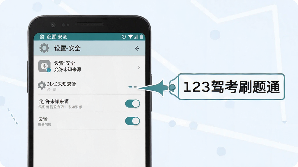 一张AI生成的手机操作示意图,画面展示一部安卓手机屏幕上显示“设置-安全-允许未知来源”的界面,旁边有箭头标注和“123驾考刷题通”的文字标签,背景为简洁的浅色,布局清晰,风格扁平化教程图,细节包含设置图标和开关按钮,画质干净无杂乱