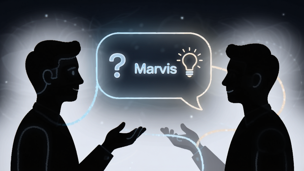 一幅表现Marvis智能对话功能的AI生图,主体为两个人物剪影在对话,中间连接着发光的对话气泡,气泡内显示“Marvis”字样和问号与灯泡图标,布局为左右对称,风格为简约科技感,细节包括柔和的发光效果和深色背景,画质清晰,干净,无多余元素