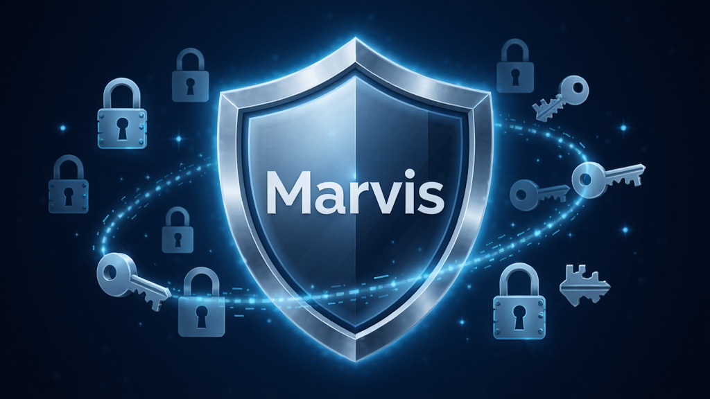 一幅象征数据安全的图片,主体为一个发光的盾牌图标中心带有“Marvis”字样,盾牌周围环绕着锁和钥匙图案,布局为盾牌居中,背景是深邃的蓝色空间,风格为安全科技感,细节包括盾牌表面的金属质感和光晕效果,画质清晰,干净,无多余元素