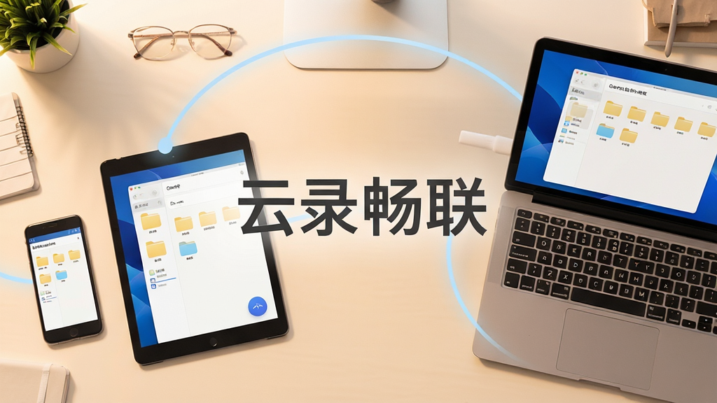 一张俯视视角的办公桌面照片风格图片,桌面上摆放着手机、平板和笔记本电脑,三台设备屏幕上都显示着相同的云端文件夹界面,设备之间用淡蓝色的弧线连接。整体色调温暖柔和,布局整齐有序,风格偏向商务办公场景,细节清晰自然,画质高清,画面正中央用深灰色字体标注“云录畅联”。