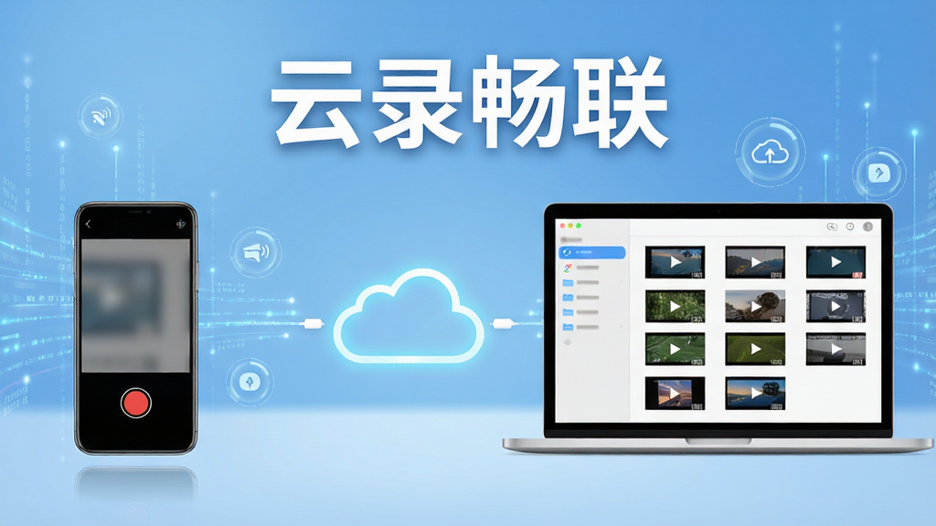 画面中央展示一部智能手机与一台笔记本电脑通过发光的云朵图标相互连接,手机屏幕上显示正在录制的红色按钮界面,电脑屏幕显示云端文件夹中排列整齐的视频缩略图。整体布局采用左右对称式构图,背景为淡蓝色渐变科技风格,细节处加入数据流光线与圆形图标点缀,画质清晰干净,无多余元素,图片中央上方用白色粗体字标注“云录畅联”。