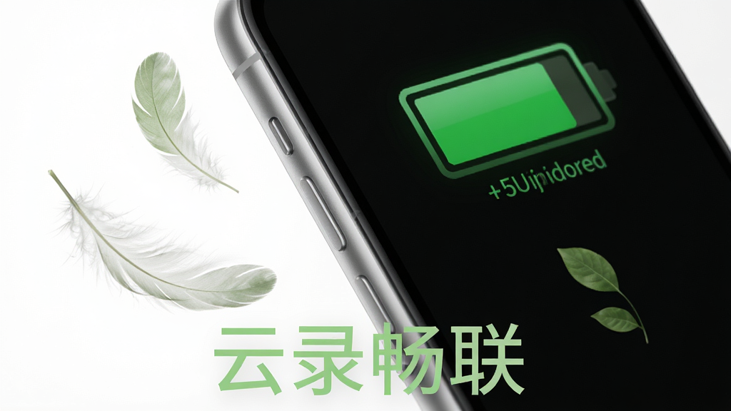 一部手机侧面特写,屏幕显示电池电量充足与温度正常的绿色标识界面,手机旁边漂浮着轻薄的羽毛与绿叶元素,象征轻量省电。背景为纯白色,光线明亮柔和,风格极简清新,细节干净无杂乱,画质锐利清晰,画面底部用浅绿色字体写着“云录畅联”。