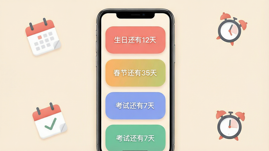 一张展示免费倒数纪念日软件界面的手机预览图,画面中央是一部竖屏智能手机,屏幕内显示多个彩色倒数卡片,分别标注“生日还有12天”“春节还有35天”“考试还有7天”等字样,卡片采用柔和圆角设计,背景为浅米色,手机周围散落着日历图标和闹钟小元素,整体风格清新简约,细节丰富,画质清晰干净,无多余元素