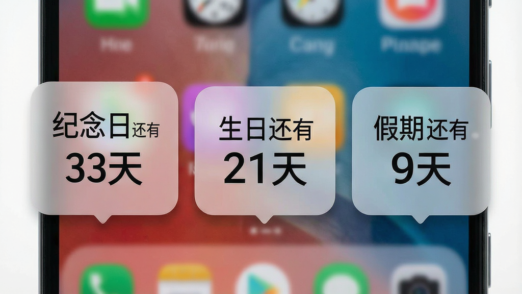 一张展示免费倒数纪念日桌面小组件功能的生图,画面为安卓手机桌面特写,桌面上放置了三个不同尺寸的小组件,分别显示“纪念日还有3天”“生日还有21天”“假期还有9天”,小组件采用半透明磨砂质感,背景为手机壁纸,整体排版整齐,风格现代简洁,画质清晰,干净无多余元素