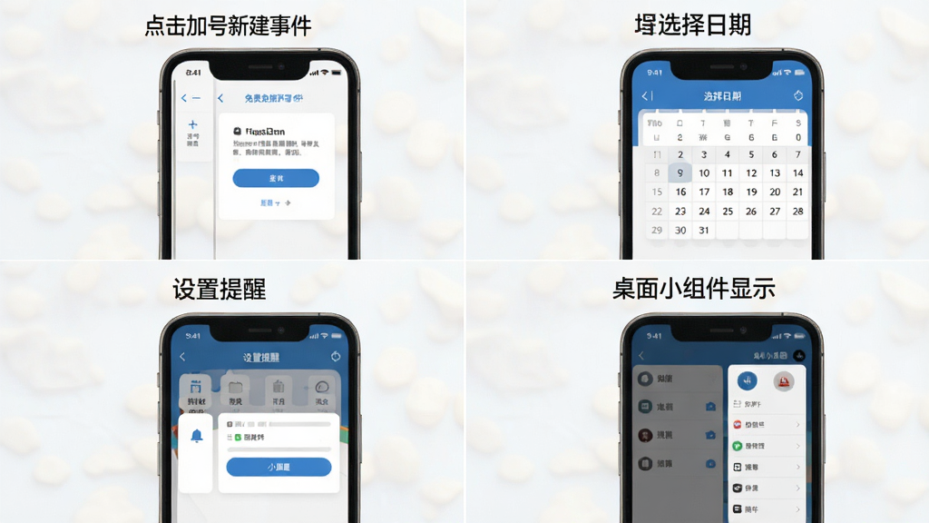 一张展示免费倒数纪念日移动端操作步骤的生图,画面为四格拼图形式,分别展示“点击加号新建事件”“选择日期”“设置提醒”“桌面小组件显示”四个操作步骤,每一步配有手机屏幕截图示意,整体排版清晰,风格简洁明了,画质干净,无多余元素