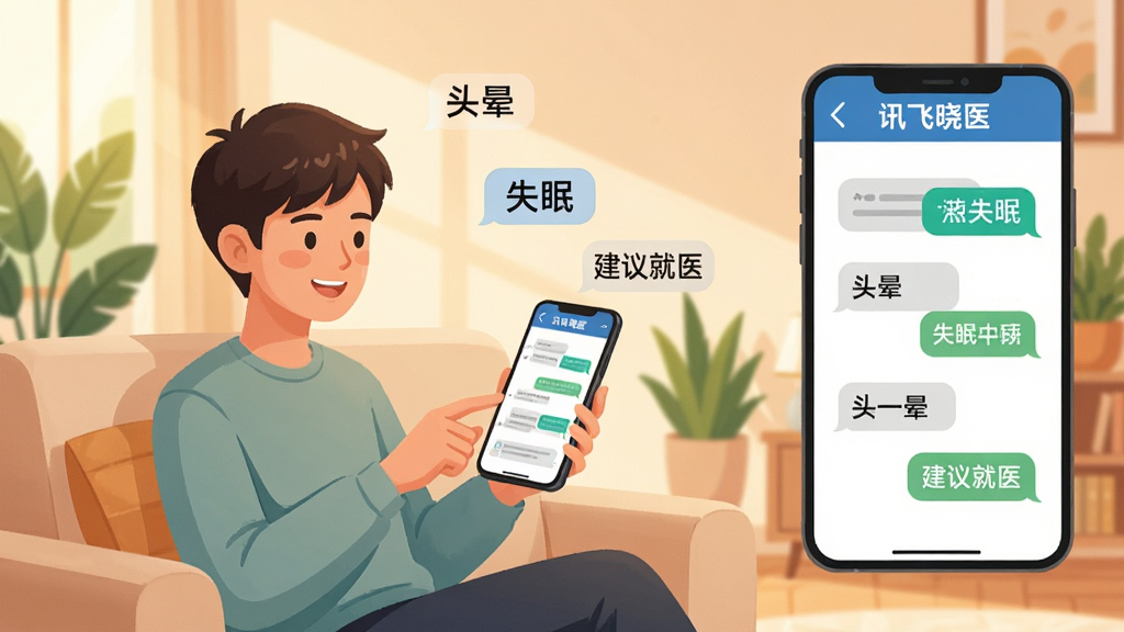 画面主体是一位年轻人坐在沙发上用手机与“讯飞晓医”AI进行症状咨询,手机屏幕显示多轮对话气泡,周围漂浮着“头晕”“失眠”“建议就医”等关键词标签,布局为左右分栏,左侧人物右侧对话界面,风格为温暖柔和的矢量插画,细节包括居家环境、绿植、柔光效果,画质为高清2K,画面干净,无多余元素