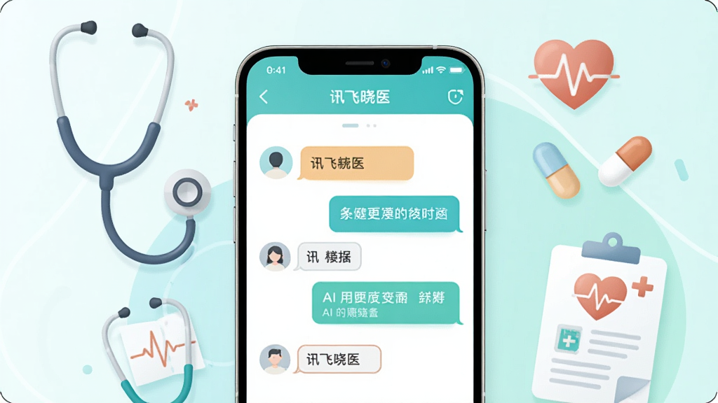 画面中央展示一部智能手机,手机屏幕上显示“讯飞晓医”应用的对话界面,界面中有用户输入症状和AI回复的对话气泡,手机周围环绕着听诊器、药丸、心电图线条、健康报告图标等医疗元素,整体布局采用居中构图,风格为现代简约扁平化插画风格,细节包括柔和的蓝绿色渐变背景、圆角图标、清晰的文字标签,画质为高清2K,画面干净,无多余元素