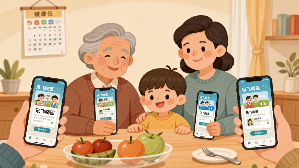 画面中央是一位家庭成员(老人、成人和孩子)围坐在餐桌旁,每人面前有一部手机显示“讯飞晓医”的健康科普卡片,背景是温馨的家居环境,布局为三角形构图,风格为温暖的家庭插画风格,细节包括餐桌上的水果、墙上的健康日历、手机界面的图文卡片,画质为高清2K,画面干净,无多余元素