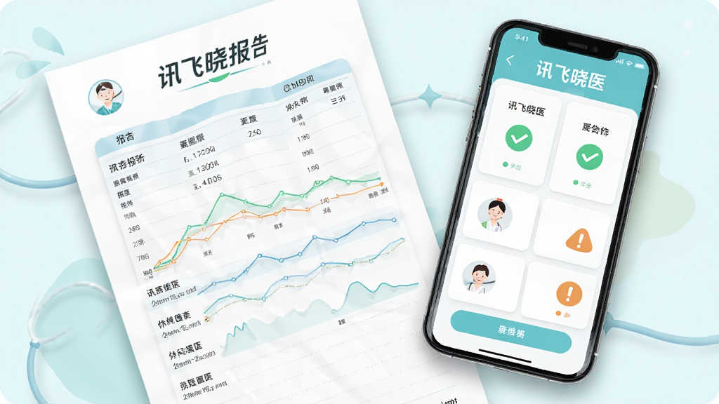 画面中央是一张体检报告单,旁边一部手机屏幕上显示“讯飞晓医”的报告解读界面,用绿色对勾和橙色感叹号标注不同指标,布局为左报告右手机,风格为清新医疗插画风格,细节包括报告单上的数据线条、手机界面的卡片式布局、柔和阴影,画质为高清2K,画面干净,无多余元素