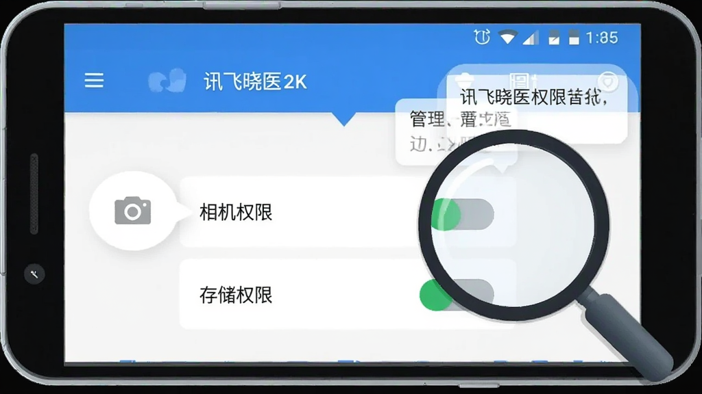 画面展示一部安卓手机屏幕显示“讯飞晓医”的权限管理界面,旁边有放大镜图标指向“相机权限”和“存储权限”开关,布局为居中构图,风格为科技感扁平插画,细节包括权限开关的绿色和灰色状态、提示气泡文字、手机边框,画质为高清2K,画面干净,无多余元素