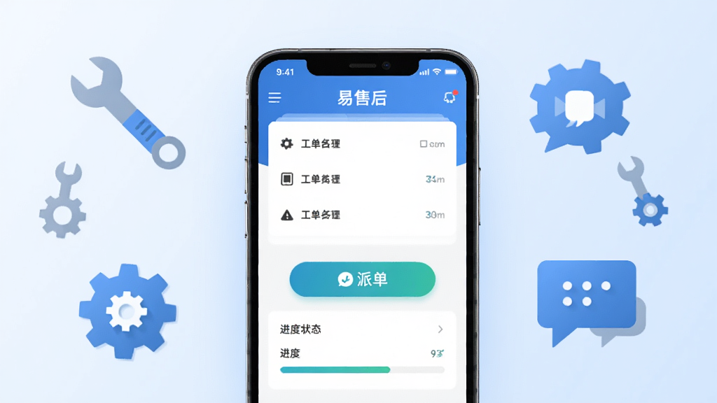 画面中央展示一部智能手机,手机屏幕上显示“易售后”应用界面,界面包含工单列表、派单按钮和进度状态条,背景为浅蓝色渐变,周围环绕扳手、齿轮、对话气泡等售后元素图标,整体采用扁平化科技风格,细节清晰,画质干净,无多余元素