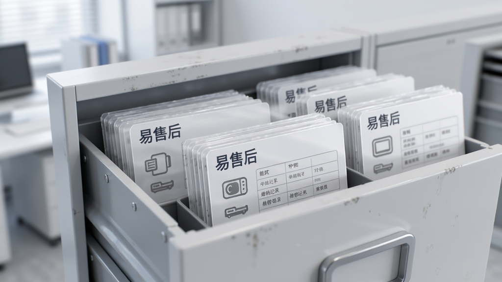 画面展示一个数字化档案柜,柜中整齐排列着带有“易售后”标签的客户资料卡片,每张卡片上隐约可见设备图标和维修记录线条,背景为柔和的浅灰色办公环境,风格清新简约,细节丰富,画质干净