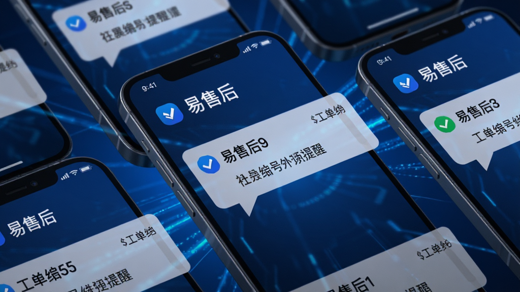 画面展示多部手机屏幕同时亮起,屏幕上显示“易售后”的消息通知界面,通知气泡中包含工单编号和提醒文字,背景为深蓝色科技光效,风格现代动感,细节清晰,画质干净,无多余元素