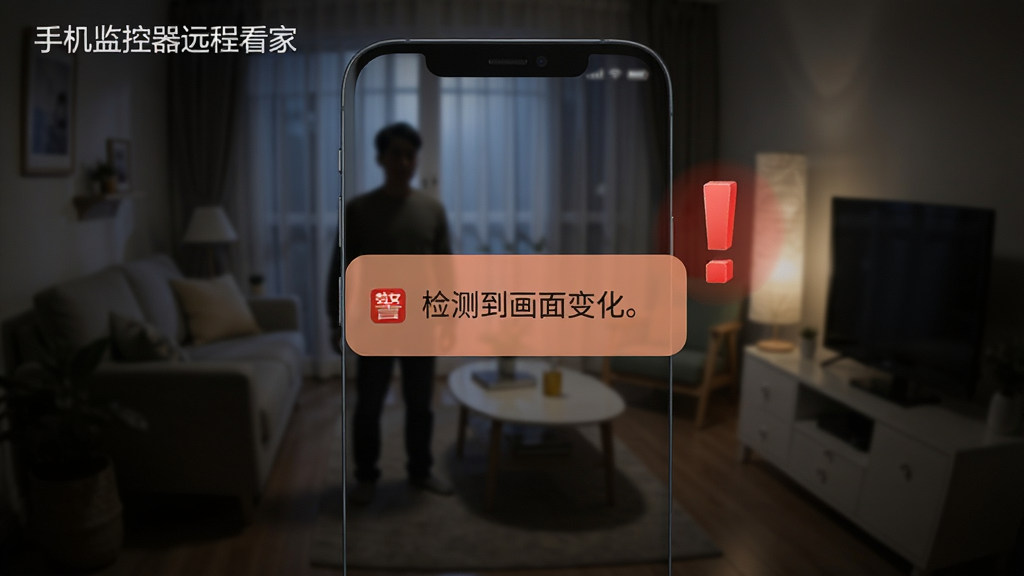手机屏幕显示一条报警通知弹窗,通知内容为检测到画面变化,背景是夜晚的客厅监控画面,画面中有一个人影轮廓,手机旁边有一个红色的感叹号图标,布局居中,风格写实,细节丰富,画质高清,干净,无多余元素,画面中文字标注