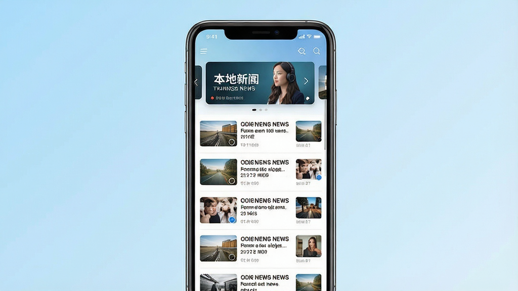 一张手机屏幕展示本地新闻资讯应用的界面截图,画面中央是手机正视图,屏幕内呈现新闻列表与顶部轮播图,背景为浅蓝色渐变,风格简洁现代,细节清晰,画质干净,无多余元素