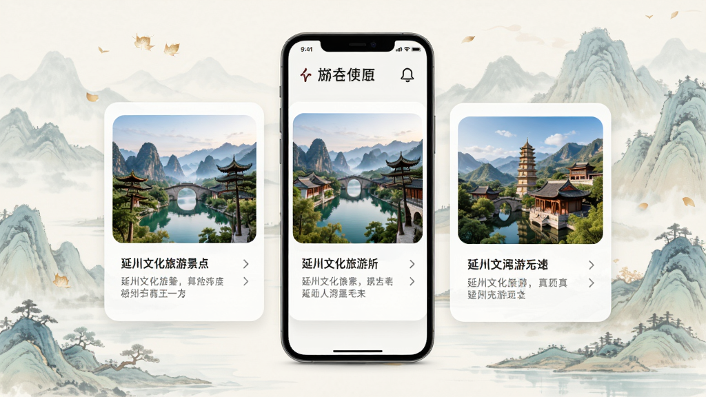 一张手机应用展示延川文化旅游景点的AI生图,画面中手机屏幕显示风景图片与文字介绍,背景为淡雅山水色调,布局为卡片式滑动,风格唯美,细节丰富,画质干净,无多余元素