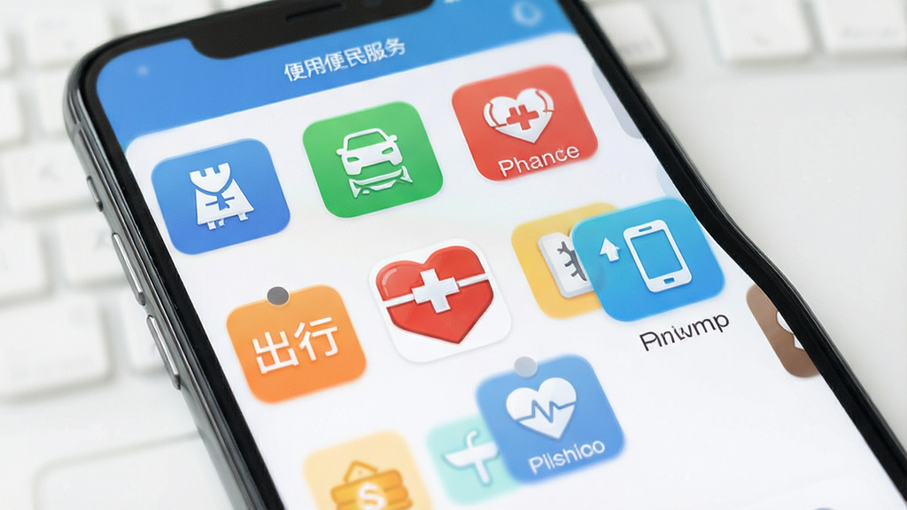 一张展示手机应用便民服务功能页面的AI生图,画面中手机屏幕呈现网格状服务图标,包含缴费、出行、医疗等元素,布局整齐,风格清新,细节清晰,画质干净,无多余元素