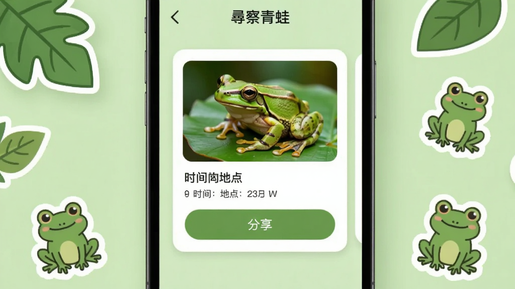 一张展示“找青蛙”观察记录分享功能的界面图,手机屏幕内显示一条观察记录卡片,包含青蛙照片、时间地点和分享按钮,屏幕背景为浅绿色。手机周围有树叶和青蛙卡通贴纸装饰。布局简洁,风格清新,画质清晰干净,无多余元素。