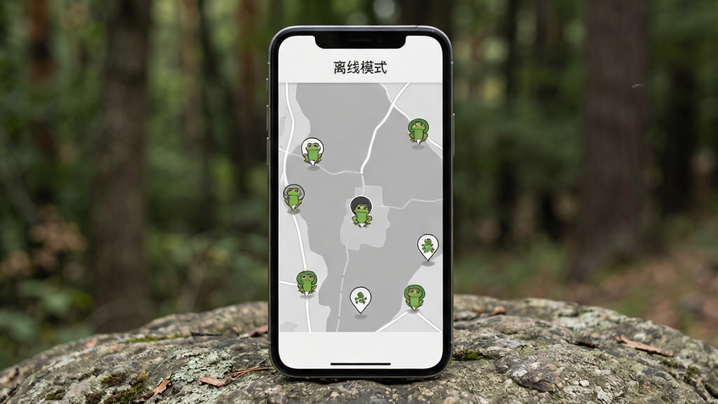 一张以“找青蛙”离线地图功能为主题的界面图,手机屏幕内显示灰色调离线地图,地图上有青蛙标记点,屏幕上方显示“离线模式”字样。手机放置在户外岩石上,背景为模糊的树林。布局简洁,风格写实,画质清晰干净,无多余元素。