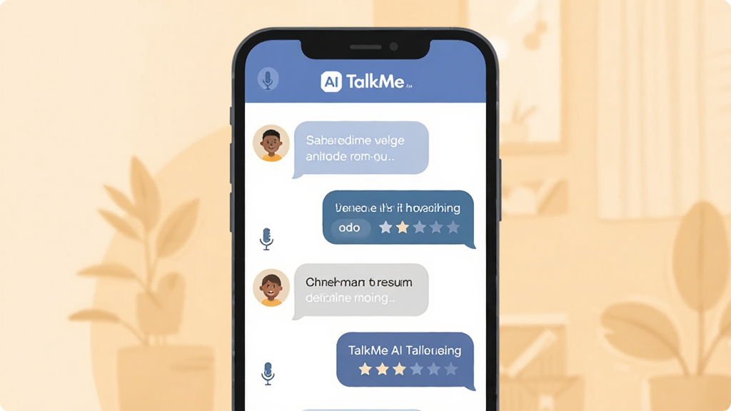 一张展示TalkMe AI对话陪练功能的图片,画面中央是手机屏幕,屏幕内显示用户与AI的英语对话记录,对话气泡交替排列,顶部有TalkMe标志,背景为柔和暖色调,排版简洁,风格扁平化插画,细节包括麦克风图标和发音评分星星,画质高清,干净,无多余元素