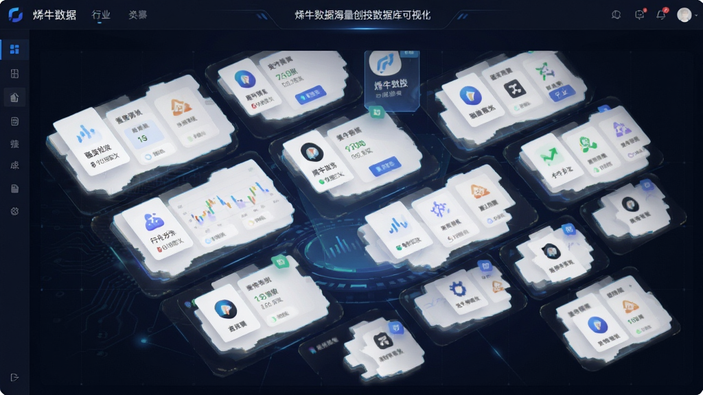 烯牛数据海量创投数据库可视化界面,画面主体是悬浮的数据卡片与公司图标,布局采用网格排列,排版整齐,风格科技感,细节包括融资轮次标签、行业分类图标,画质清晰,干净,无多余元素