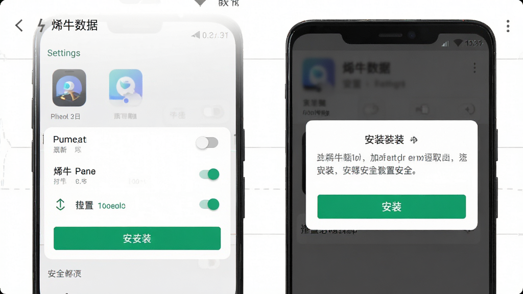 烯牛数据安卓手机安装权限设置界面,画面主体是手机设置页面与安装弹窗,布局为纵向排列,排版清晰,风格移动端系统UI,细节包括权限开关、安装按钮、安全提示文字,画质清晰,干净,无多余元素