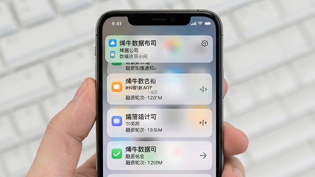烯牛数据实时监控推送通知界面,画面中心是手机锁屏通知卡片,布局为纵向列表,排版简洁,风格移动端UI,细节包括公司名称、融资轮次、时间戳,画质清晰,干净,无多余元素