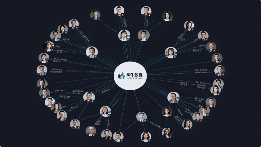 烯牛数据投资机构与人物关系图谱界面,画面中心是节点连接的关系网络图,布局为放射状结构,排版疏朗,风格商务专业,细节包括机构Logo、人物头像、连接线条,画质清晰,干净,无多余元素