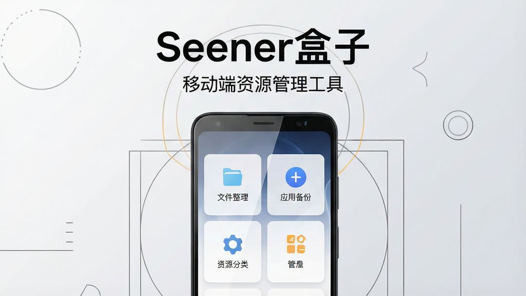 一张展示“Seener盒子”手机应用界面的产品预览图,主体是一部竖屏安卓手机,屏幕内显示卡片式功能布局,包含文件整理、应用备份、资源分类等图标模块,布局为手机居中摆放,周围环绕简约的几何装饰线条,排版采用上下结构上方大标题“Seener盒子”下方小字“移动端资源管理工具”,风格为现代科技简约风,细节上手机屏幕带有轻微反光质感,背景为浅灰渐变,画质为高清1080P,干净整洁,无多余元素