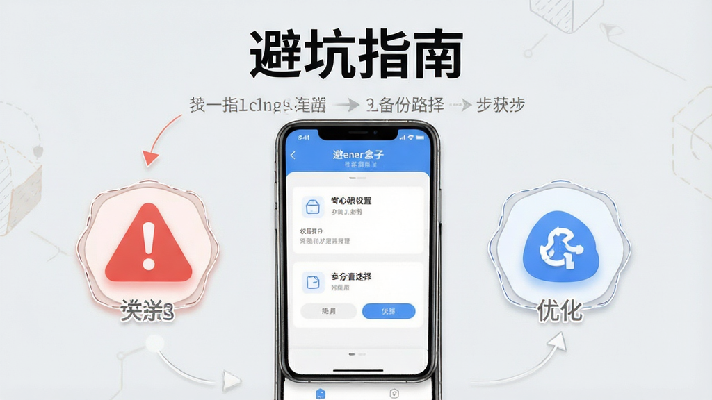 一张“Seener盒子”新手操作指引图,主体为手机屏幕显示权限设置与备份路径选择界面,布局为手机居中,左侧悬浮红色警告图标右侧悬浮蓝色优化图标,排版为上方标题“避坑指南”下方分步骤标注,风格为信息图表风,细节上图标带有描边与浅色底,背景为浅灰,画质高清,干净整洁,无多余元素