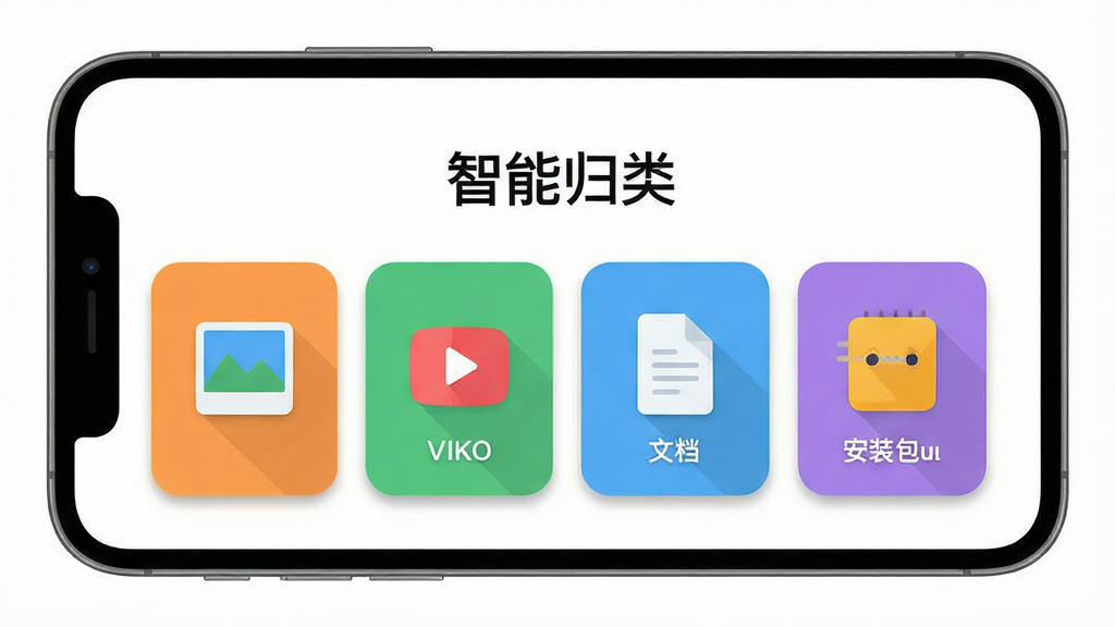 一张“Seener盒子”本地资源智能归类功能的界面示意图,主体为手机屏幕内展示图片、视频、文档、安装包四类彩色图标分区,布局采用手机正面平铺视角,排版为上方标题“智能归类”下方四个分类卡片横向排列,风格为扁平化插画风,细节上每个卡片带有轻微阴影与圆角,背景为纯白,画质高清,干净简洁,无多余元素