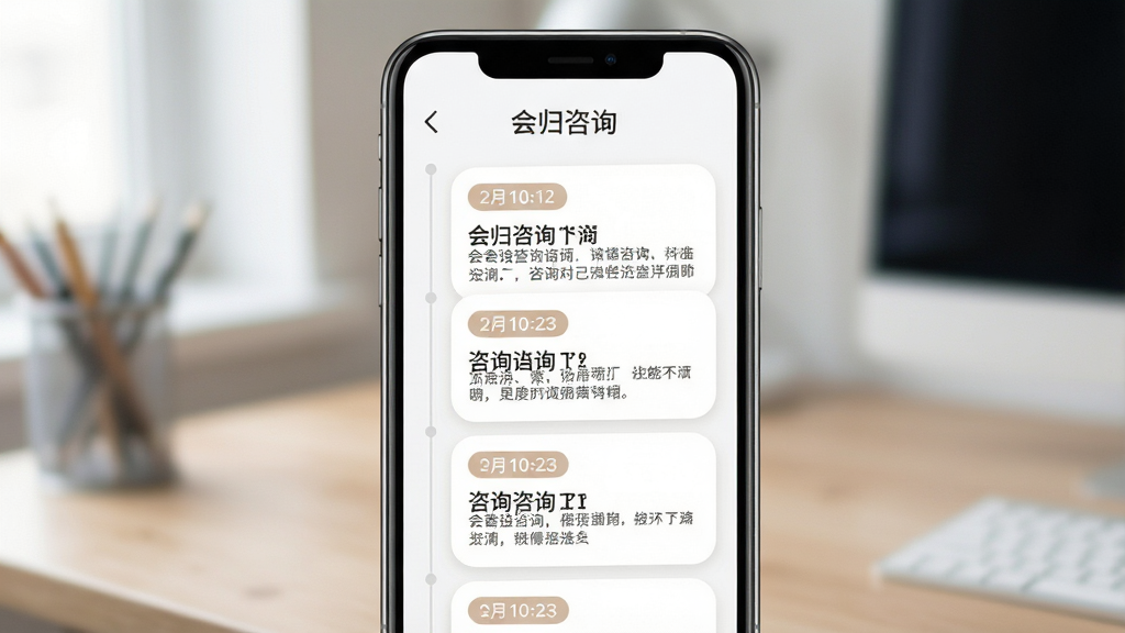 会归咨询咨询记录管理界面,手机屏幕内显示时间轴排列的咨询历史卡片,布局为纵向滚动列表,风格柔和圆角,细节包含日期标签与摘要文字,画质清晰,干净无多余元素