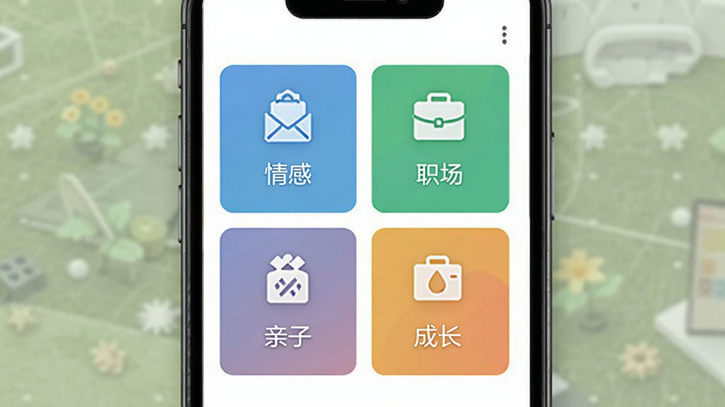 会归咨询多场景服务展示图,画面为手机屏幕内呈现情感、职场、亲子、成长四个功能入口卡片,布局为两行两列网格,风格扁平化设计,细节包含图标与简短文字,画质清晰,干净无多余元素