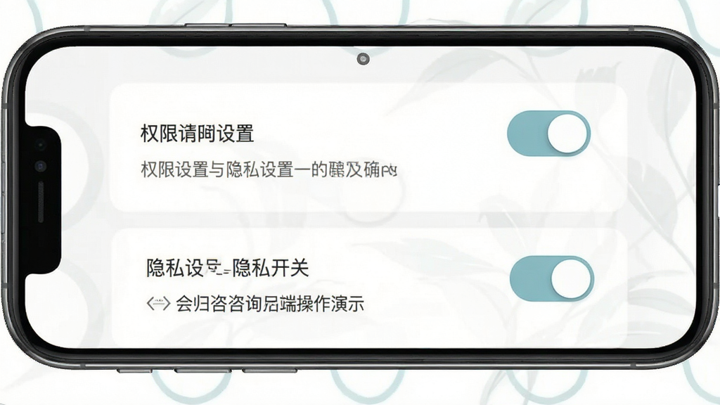 会归咨询移动端操作演示图,画面为手机屏幕内展示权限设置与隐私开关界面,布局为上下结构,风格简洁素雅,细节包含开关按钮与说明文字,画质清晰,干净无多余元素