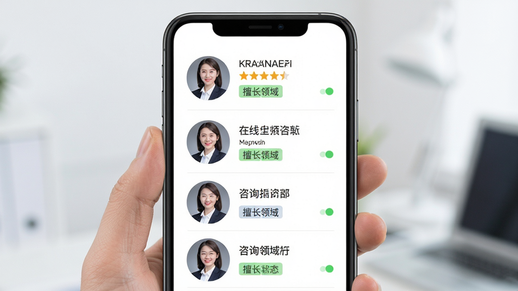 会归咨询咨询师列表页面,画面展示手机屏幕内多位咨询师头像与擅长领域标签,布局为纵向列表,风格清新商务,细节包含星级评分与在线状态标识,画质清晰,干净无多余元素