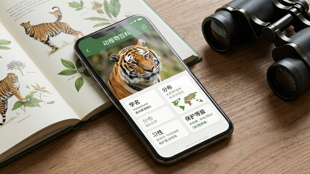一款名为“动植物百科”的应用程序界面展示图,画面主体为手机屏幕,屏幕内显示着物种详情页,页面上方是老虎的高清照片,下方排列着“学名”“分布”“习性”“保护等级”等信息卡片;手机放置在一张木质桌面上,旁边有一本翻开的自然图鉴和一副望远镜,布局为斜向俯视角度,排版突出手机屏幕内容,风格为写实生活场景风格,细节上光影自然,屏幕有轻微反光,画质高清,干净,无多余元素