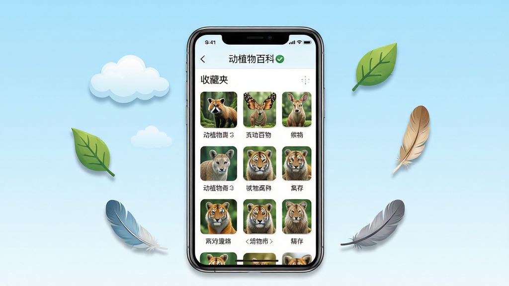 “动植物百科”软件功能展示图,画面中央为手机屏幕,屏幕上显示着收藏夹列表和离线缓存标识,列表中有多个物种缩略图与名称;手机周围漂浮着云朵、树叶、羽毛等自然元素图标,布局为环绕式构图,排版活泼,风格为清新插画风格,细节上图标带有轻微投影,背景为淡蓝色天空渐变,画质高清,干净,无多余元素
