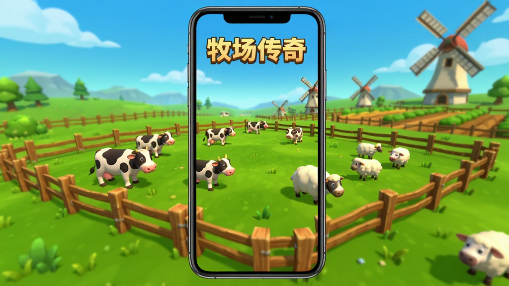 手机屏幕竖版展示“牧场传奇”游戏主界面,画面中央是一片开阔的绿色牧场,四周有木质围栏,牧场内分布着几头奶牛和绵羊,远处有农田和风车,天空是明亮的蓝色,整体采用2.5D卡通渲染风格,色彩饱和度高,细节丰富,画质清晰,干净无多余元素