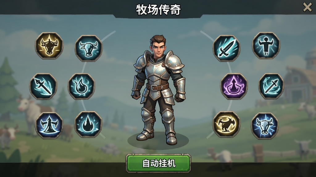 展示“牧场传奇”游戏角色创建和技能面板界面,画面中央是一个身穿轻甲的角色形象,周围环绕着多个技能图标,界面底部有自动挂机按钮,风格简洁明了,画质清晰,无多余装饰