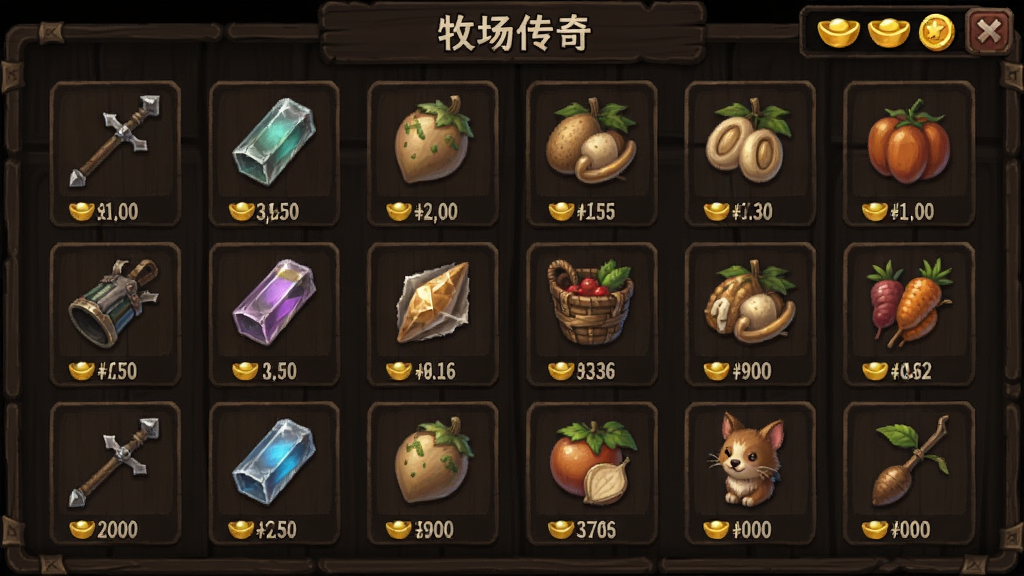 展示“牧场传奇”游戏内的交易行界面,屏幕上排列着各种装备、材料和牧场特产图标,每个物品下方标注价格和数量,界面风格为深色木纹质感,带有元宝和金币图标,布局整齐,画质清晰,无多余元素