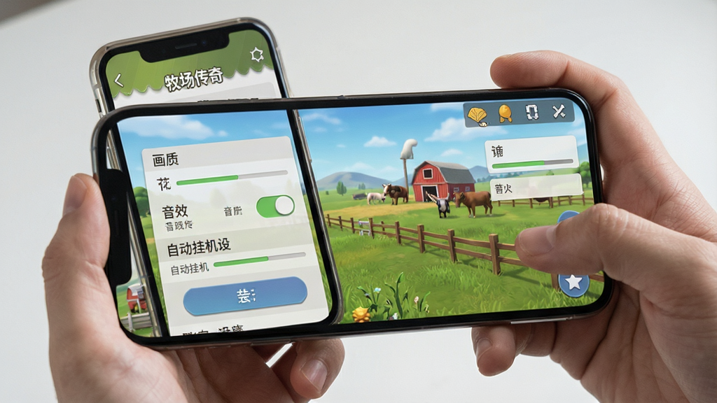手机屏幕展示“牧场传奇”游戏内的设置界面,包含画质调节、音效开关、自动挂机设置等选项,界面简洁,按钮清晰,旁边有玩家手持手机操作的场景,风格写实,画质干净,无多余元素