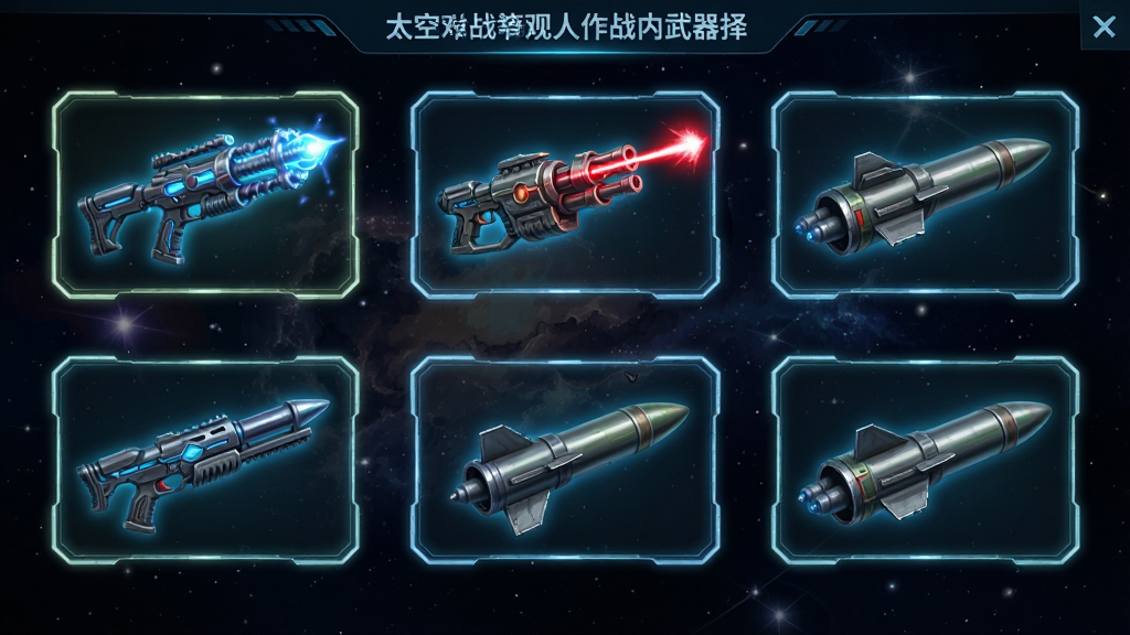 太空进化人作战游戏内武器选择界面概念图,画面展示多种科幻武器悬浮在太空背景中,包括等离子枪、激光炮和导弹发射器,每把武器带有发光边框,布局整齐,风格为游戏UI设计,细节精致,画质高清,干净,无多余元素
