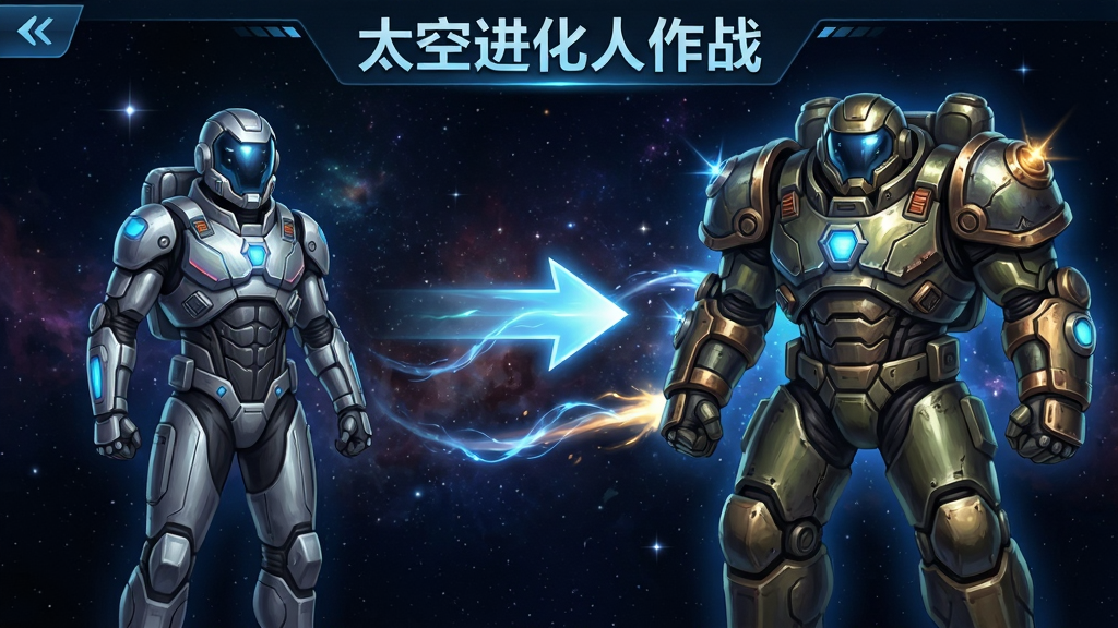 一张展示太空进化人作战游戏内进化系统的界面截图风格插画,画面左侧是基础形态的太空战士,右侧是进化后的重装形态,中间有发光的箭头和能量流动效果,背景是宇宙星空,风格为游戏UI概念图,细节清晰,画质高清,干净,无多余元素,画面中包含文字“太空进化人作战”