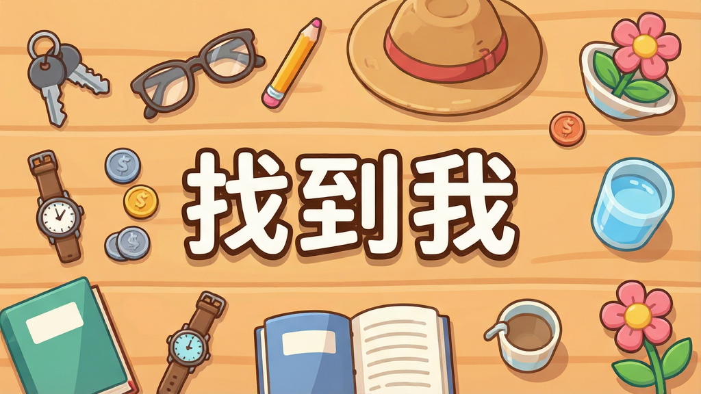 一幅明亮温馨的卡通风格手机游戏场景,画面主体是一个摆满各种生活杂物的木质桌面,桌面上散落着钥匙、眼镜、铅笔、帽子、手表、硬币、书本、水杯、花朵等物品,画面正中央用醒目的圆润字体写着“找到我”,布局采用俯视视角,物品排列错落有致但不过于密集,风格为清新可爱的扁平化插画,细节上每个物品都有清晰的轮廓和柔和的阴影,画质高清,干净,无多余元素
