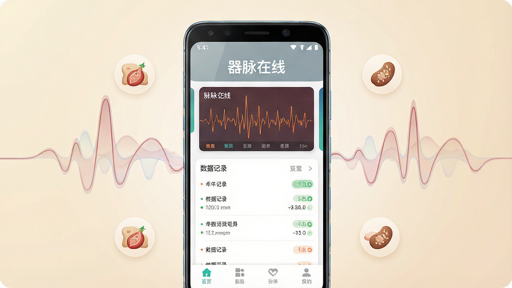 一张展示器脉在线手机应用主界面的预览图,画面中央放置一部竖屏安卓手机,手机屏幕显示器脉在线APP的首页,首页顶部有“器脉在线”四个中文字,中部是脉象波形卡片与数据记录列表,底部是四个导航图标,手机周围漂浮着半透明的脉象波形线条与中医元素图标,背景为浅米色渐变,整体布局居中对称,风格简洁现代,细节上手机边框有轻微反光,画质清晰干净,无多余元素
