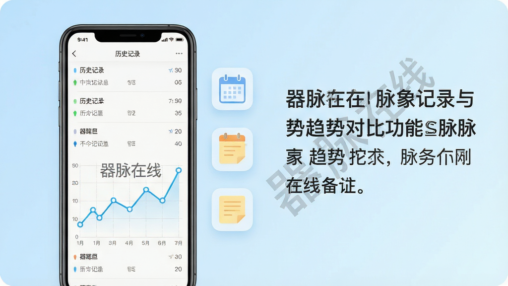 一张展示器脉在线脉象记录与趋势对比功能的界面图片,画面中一部手机屏幕显示历史记录列表与折线趋势图,趋势图上有“器脉在线”水印文字,屏幕旁边有日历图标与备注便签图标,背景为淡蓝色渐变,排版采用左图右文布局,风格清新简约,细节上折线图节点清晰,画质干净明亮,无多余元素
