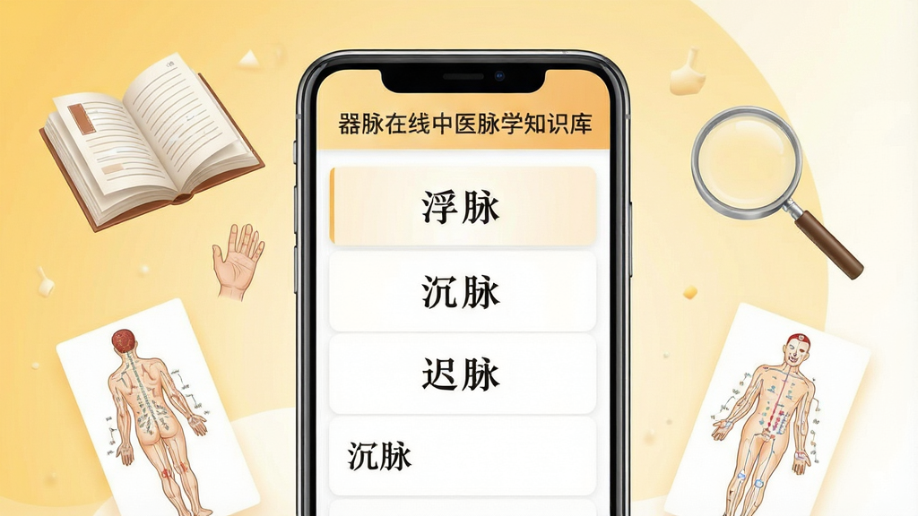 一张展示器脉在线中医脉学知识库页面的图片,画面主体是手机屏幕显示知识库列表,列表项有“浮脉”“沉脉”“迟脉”等中文字样,屏幕周围漂浮着打开的书本、放大镜、中医穴位图等元素,背景为暖黄色到白色的渐变,排版采用居中构图,风格温和学术,细节上文字清晰可辨,画质干净,无多余元素