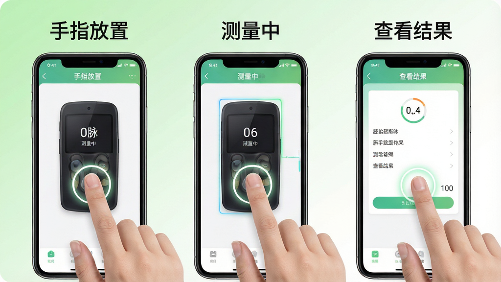 一张展示器脉在线新手操作步骤的示意图,画面分为三个并排的手机屏幕,从左到右分别显示“手指放置”“测量中”“查看结果”三个步骤,每个手机屏幕上方有对应的中文标签,屏幕内显示器脉在线APP的对应界面,背景为浅绿色到白色的渐变,排版采用横向等距排列,风格教程清晰,细节上手指与手机接触位置有高亮光圈,画质干净,无多余元素